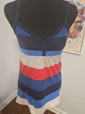 Button-Front Striped Knit Tank Top in Navy, Blue, Red, and Cream